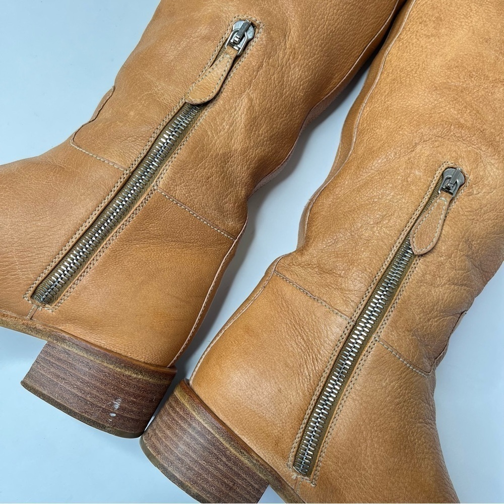 VINTAGE Prada 1990s Tan Camel Italian Leather Side Zip Pullon Classic Flat Boots - Picture 10 of 16